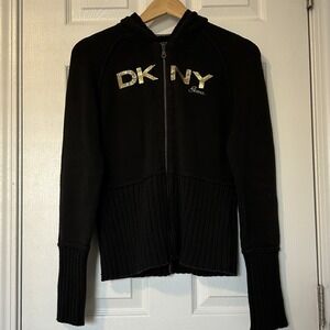DKNY Jeans Y2K‎ Gold Logo Full Zip Hoodie Streetwear Urban Chic It-Girl Style